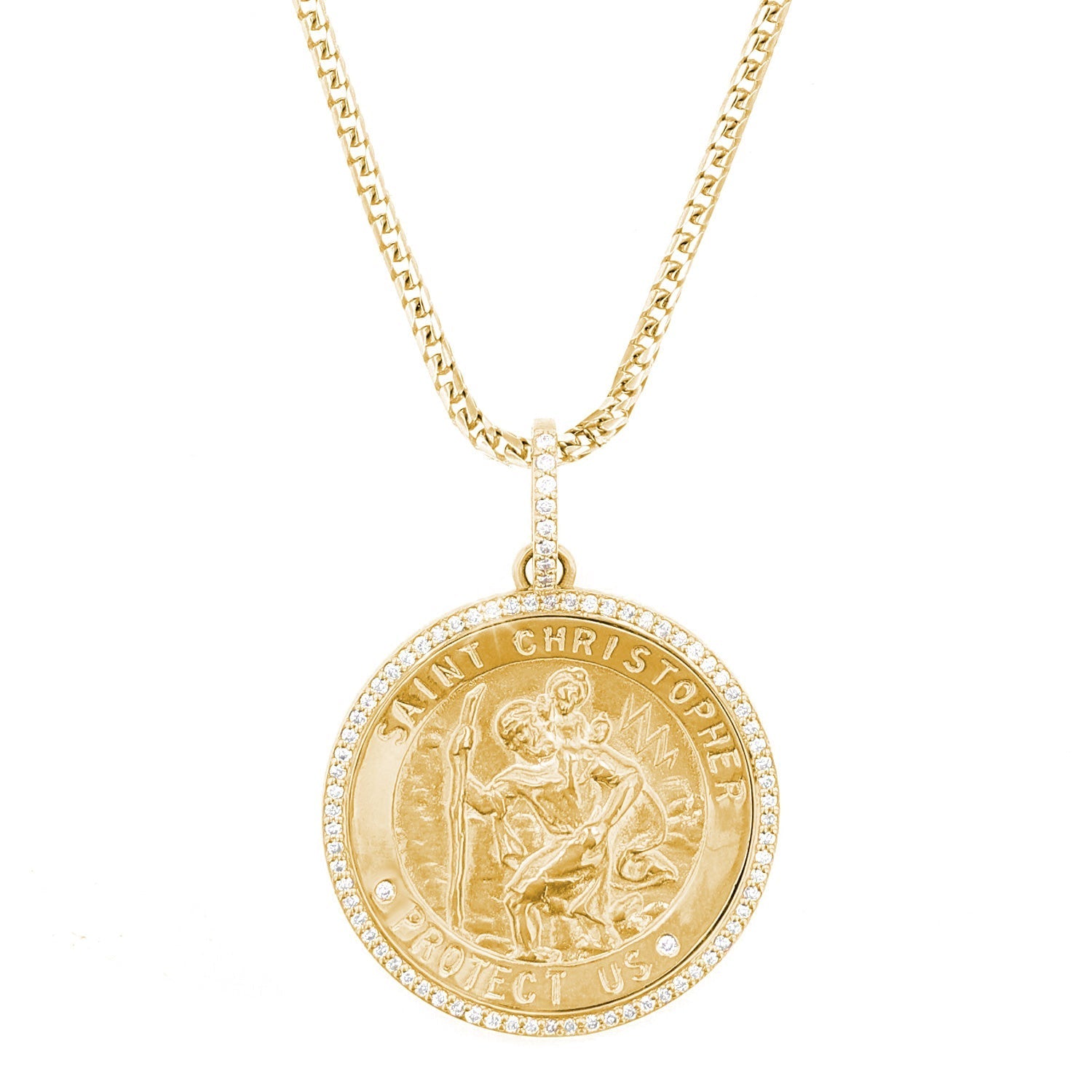 14K St. Christopher Protect Us Medallion with Diamond Halo on Franco Chain - 28”  NG002826 and NG002827 - TBird