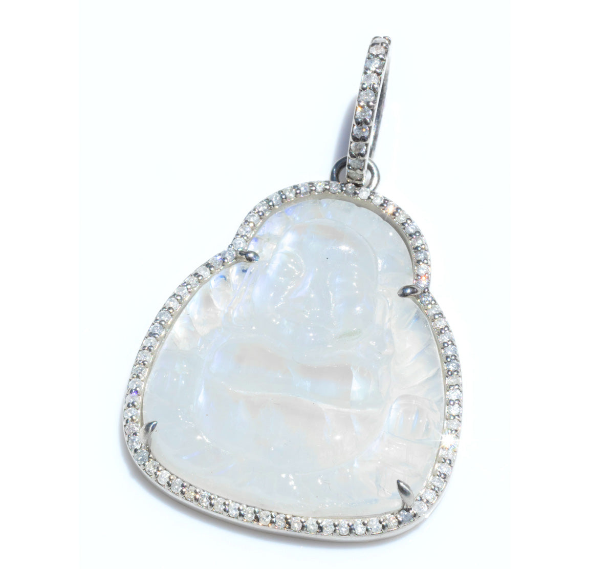 Rainbow Moonstone Carved Sitting Buddha Diamond Pendant  P0000947 - TBird