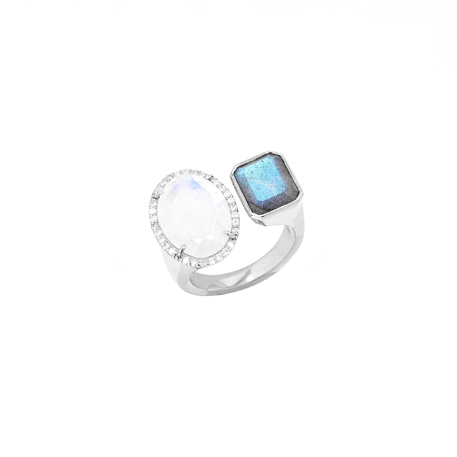 Diamond Halo Two Stone Silver Ring - Rainbow Moonstone & Labradorite  R0479-8 - TBird