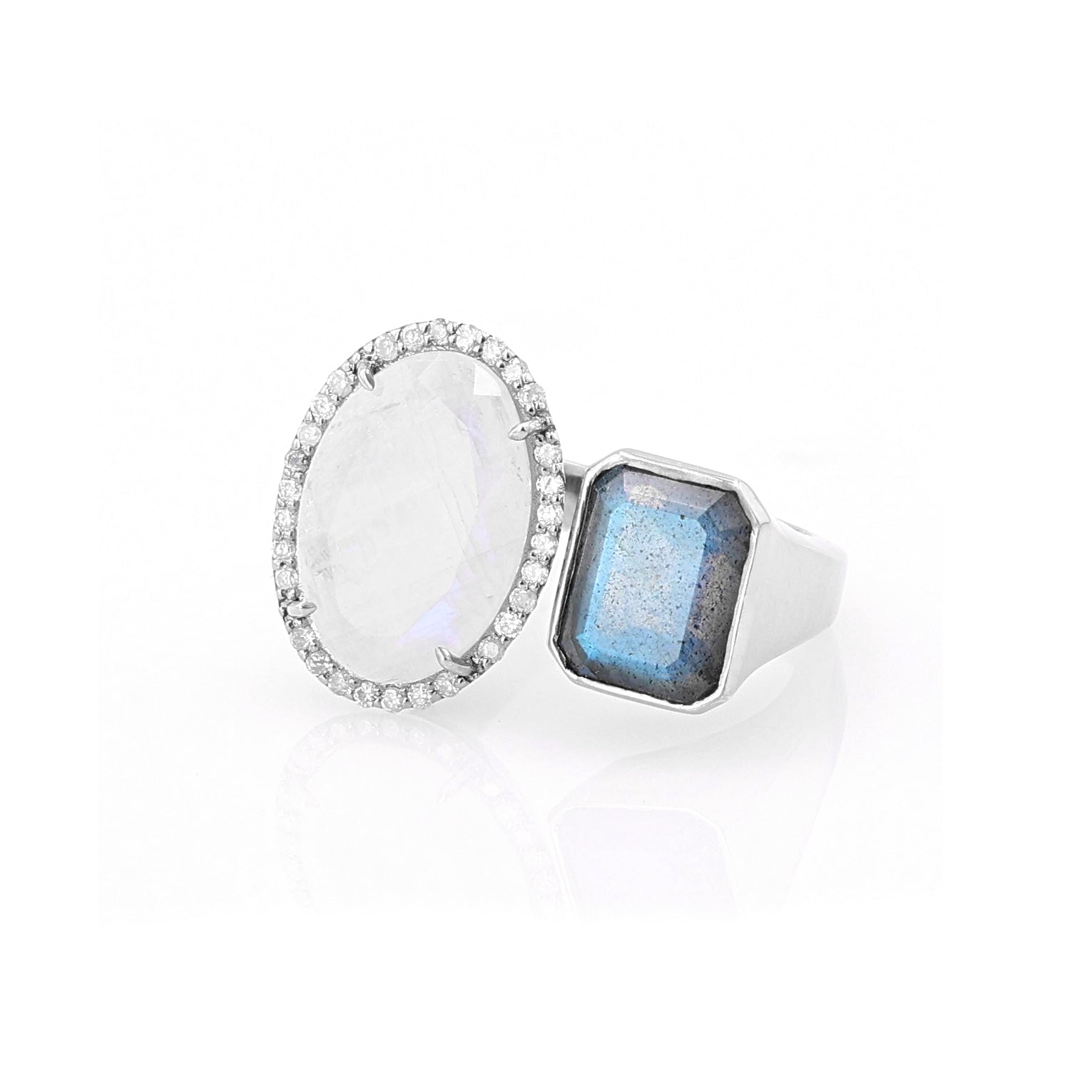 Diamond Halo Two Stone Silver Ring - Rainbow Moonstone & Labradorite  R0479-8 - TBird