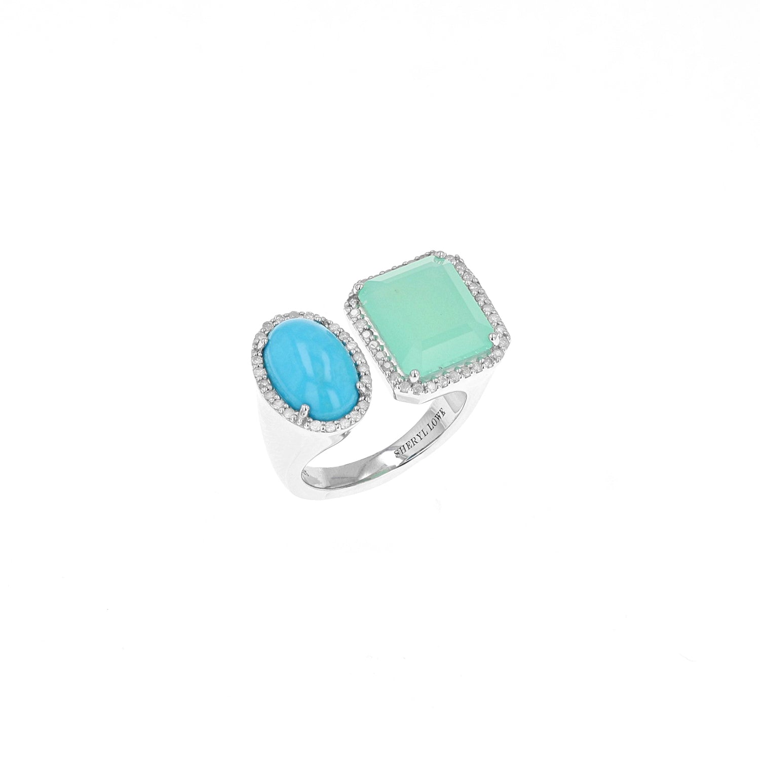 Diamond Halo Two Stone Silver Ring - Turquoise & Chrysoprase  R0498-8 - TBird