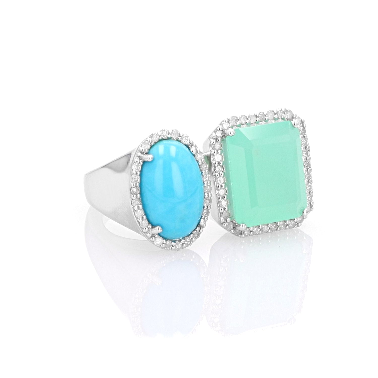 Diamond Halo Two Stone Silver Ring - Turquoise & Chrysoprase  R0498-8 - TBird