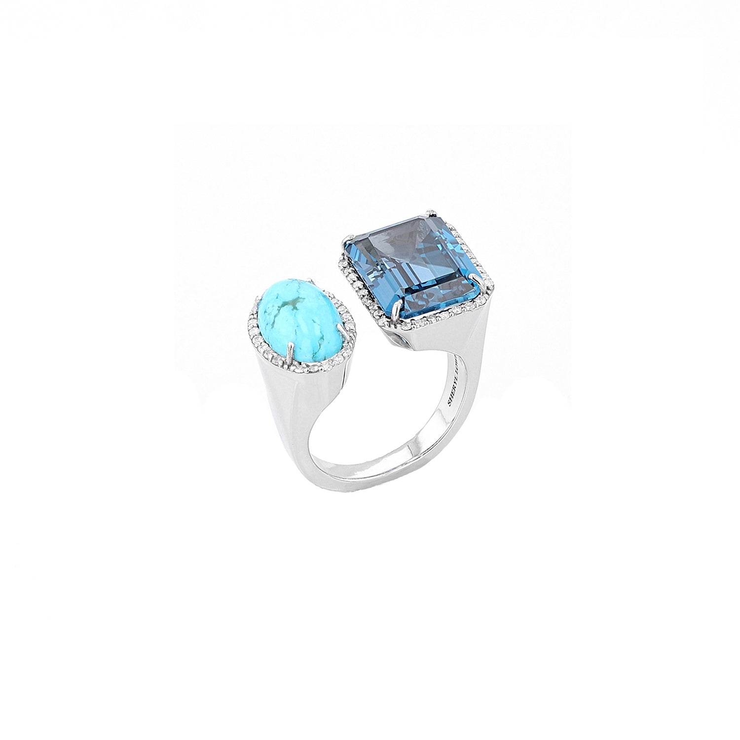 Diamond Halo Two Stone Silver Ring - Turquoise & London Blue Topaz  R0499 - TBird