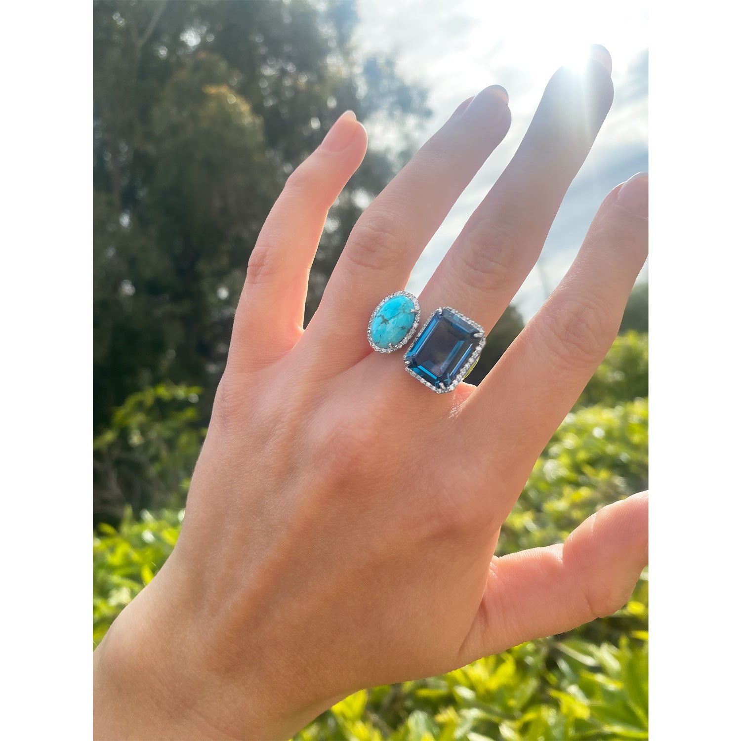 Diamond Halo Two Stone Silver Ring - Turquoise & London Blue Topaz  R0499 - TBird