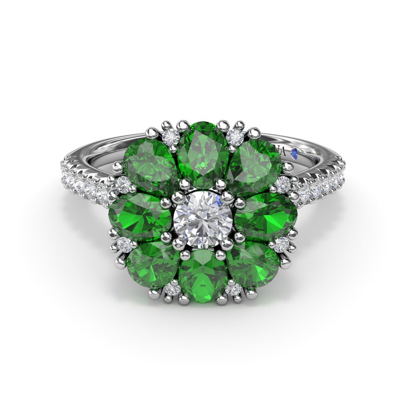 Emerald and Diamond Cluster Flower Ring R1873E - TBird