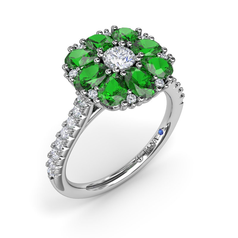 Emerald and Diamond Cluster Flower Ring R1873E - TBird