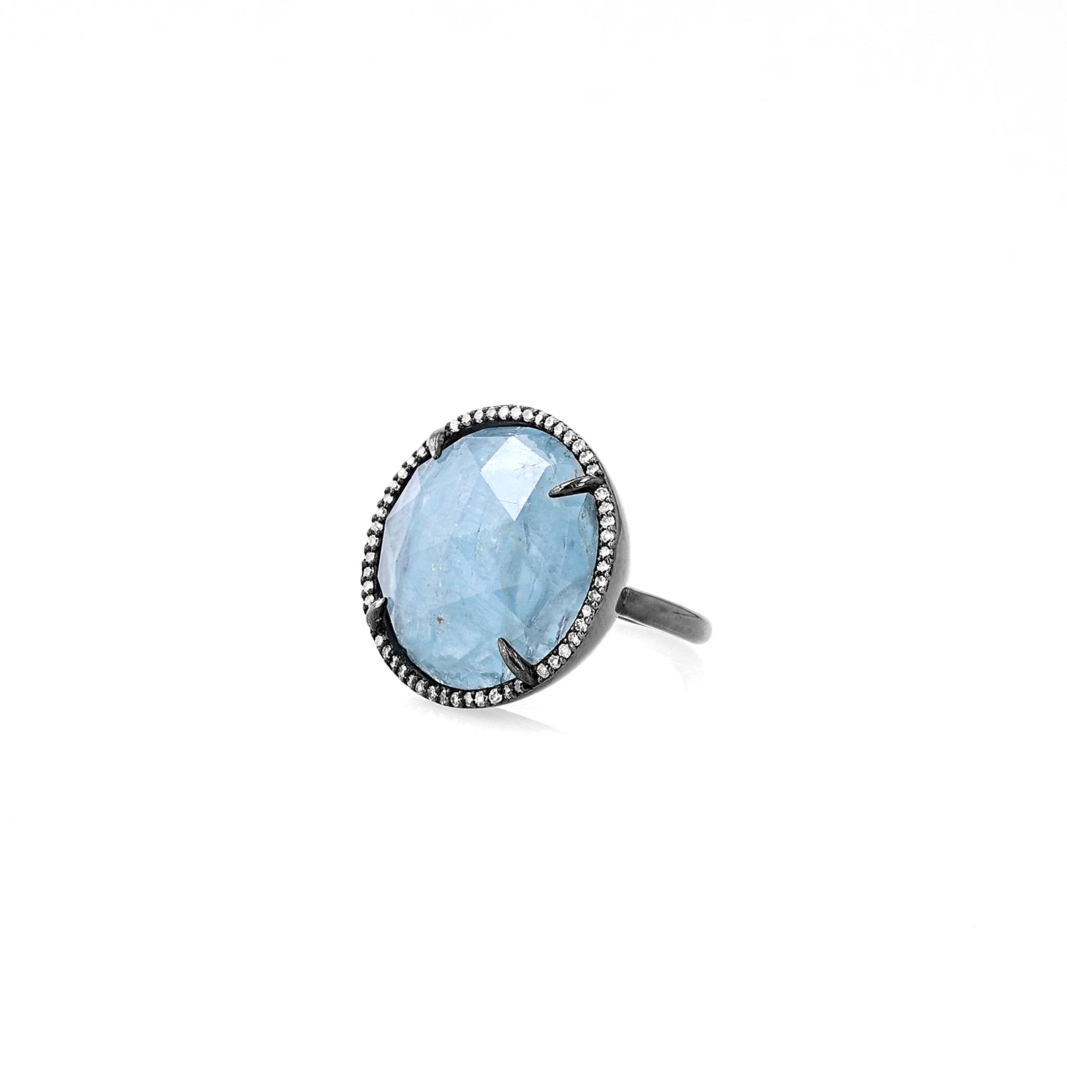 Blue Aquamarine and Black Rhodium Rose Cut Ring RB031-6 - TBird