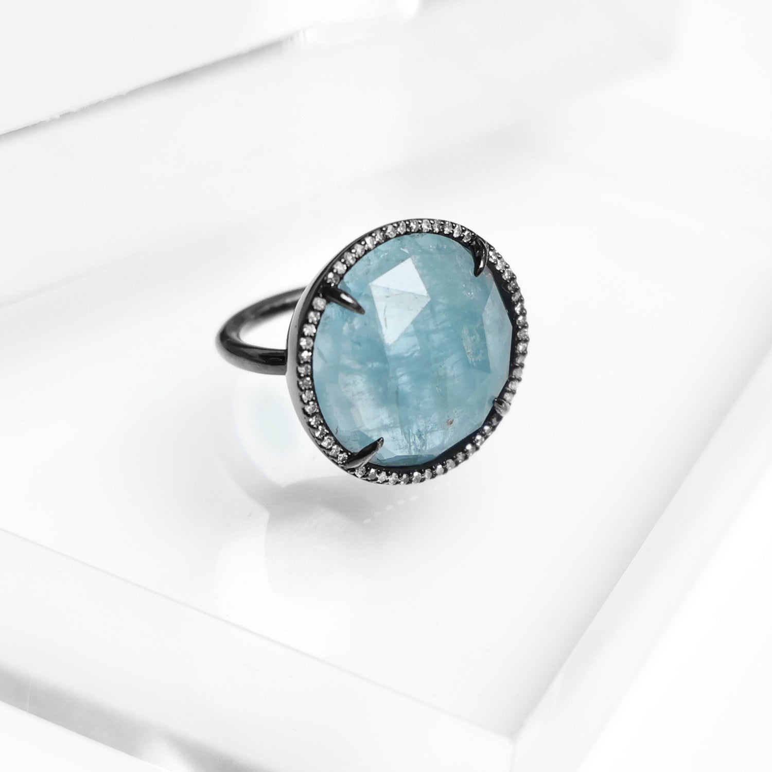 Blue Aquamarine and Black Rhodium Rose Cut Ring RB031-6 - TBird