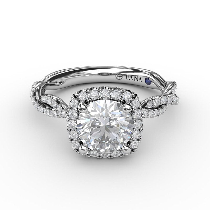 Classic Cushion Diamond Halo Engagement Ring With Cathedral Twist Diamond Band S3109 - TBird