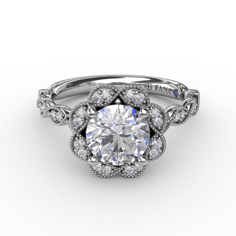 Round Diamond Engagement Ring With Floral Halo and Milgrain Details S3214 - TBird
