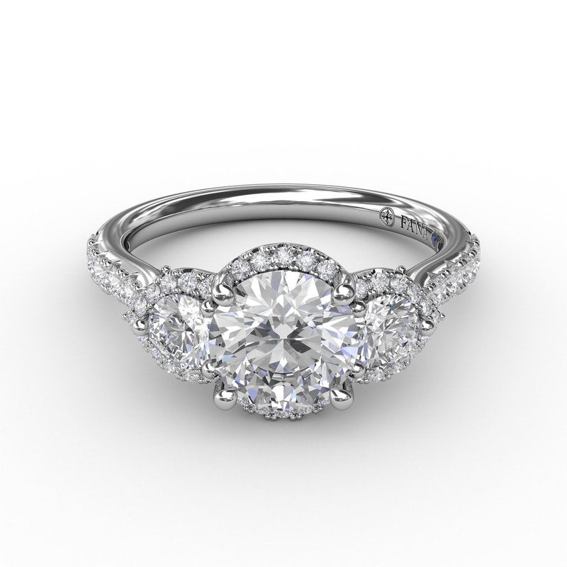 Three-Stone Round Diamond Halo Engagement Ring S3217 - TBird