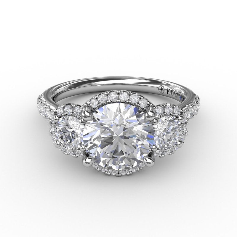 Three-Stone Round Diamond Halo Engagement Ring S3223 - TBird