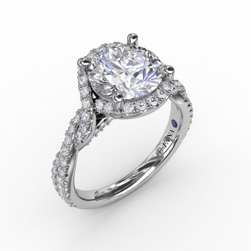 Contemporary Round Diamond Halo Engagement Ring With Twisted Vine Shank S3267 - TBird