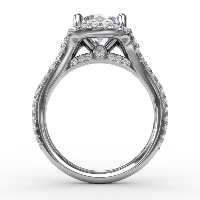 Cushion Halo Engagement Ring With Side Stones and Double-Row Diamond Band S3270 - TBird