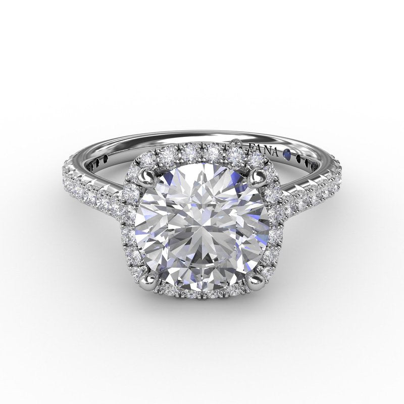 Cushion-Shaped Halo Diamond Engagement Ring with Diamond Band S3274 - TBird