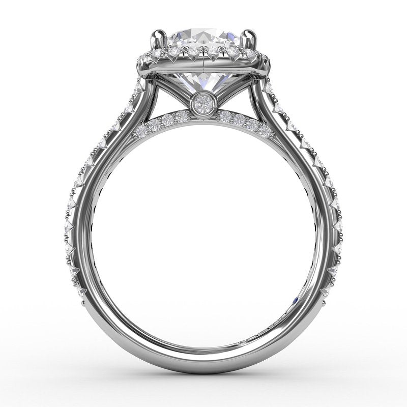 Cushion-Shaped Halo Diamond Engagement Ring with Diamond Band S3274 - TBird