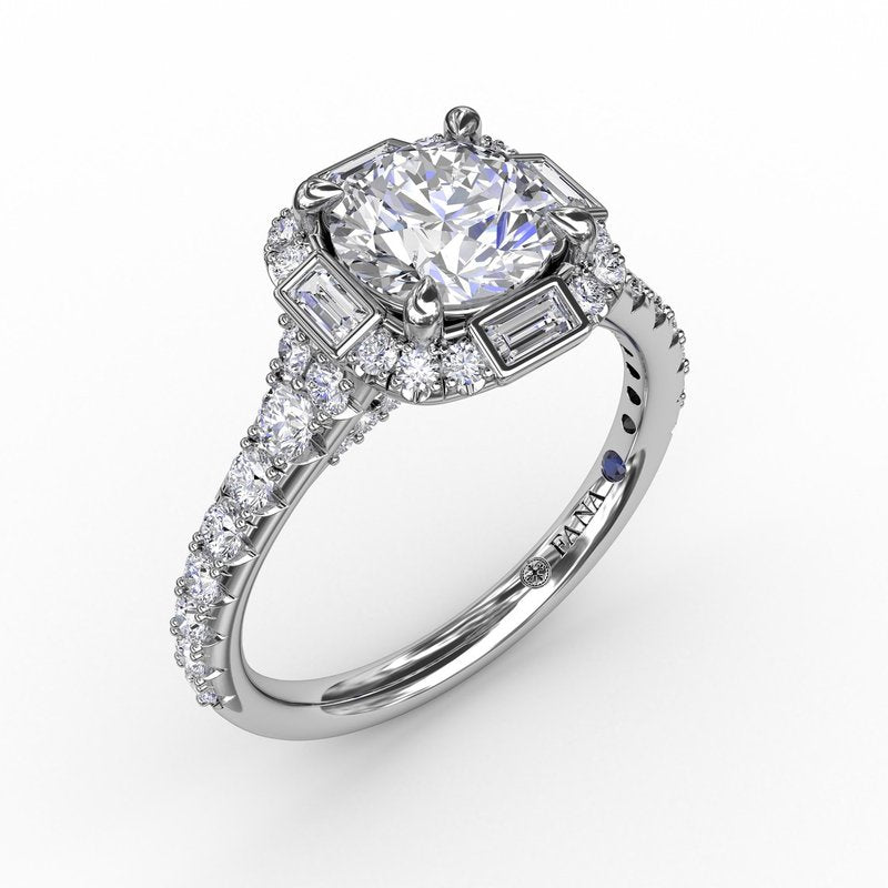 Cushion Shaped Diamond Halo Engagement Ring With Baguettes S3286 - TBird
