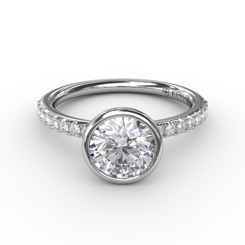 Contemporary Bezel-Set Round Diamond Solitaire Engagement Ring With Diamond Band S3342 - TBird