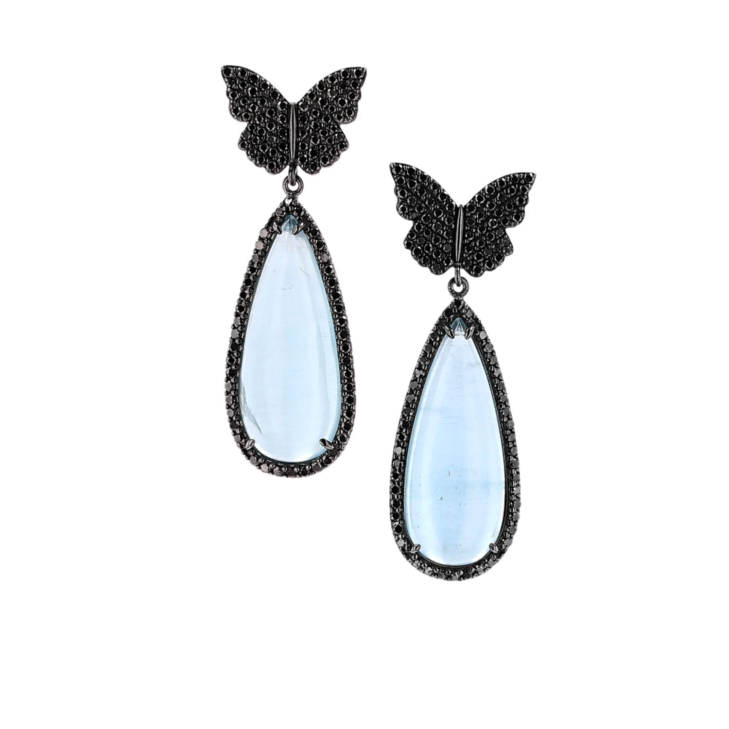 Black Diamond Butterfly and Aquamarine Drop Earrings SEB00006 - TBird