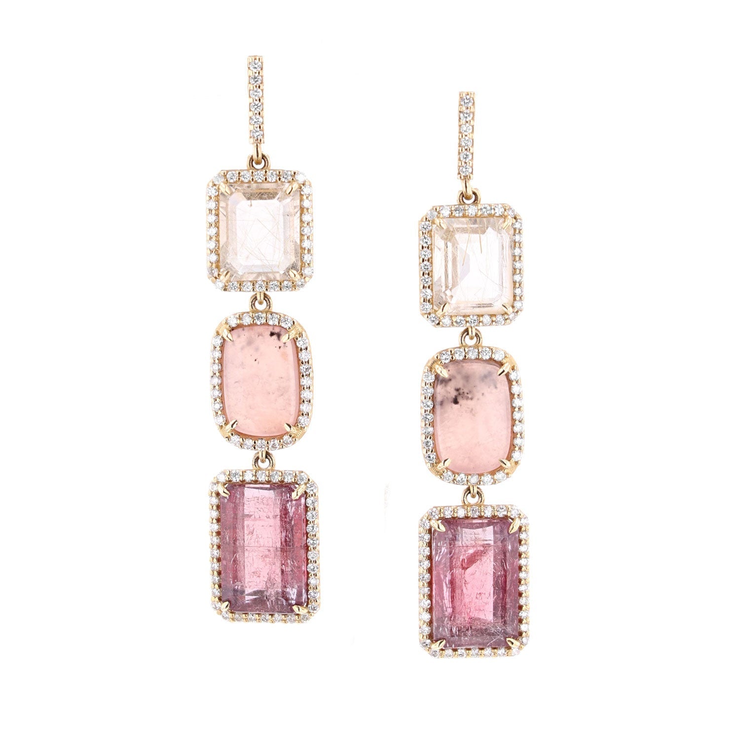 14k Rutilated Quartz, Watermelon Garnet and Pink Tourmaline Triple Drop Earrings  SEG00028 - TBird