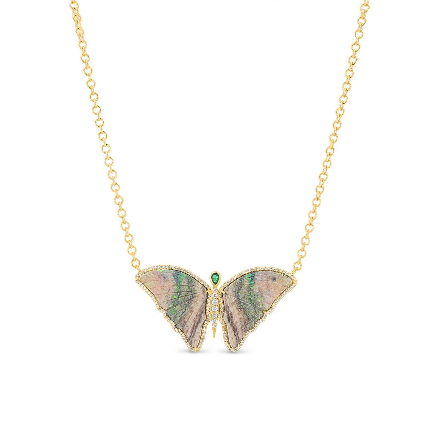 One of a Kind Australian Opal and Emerald Butterfly Necklace SNG00171 - TBird