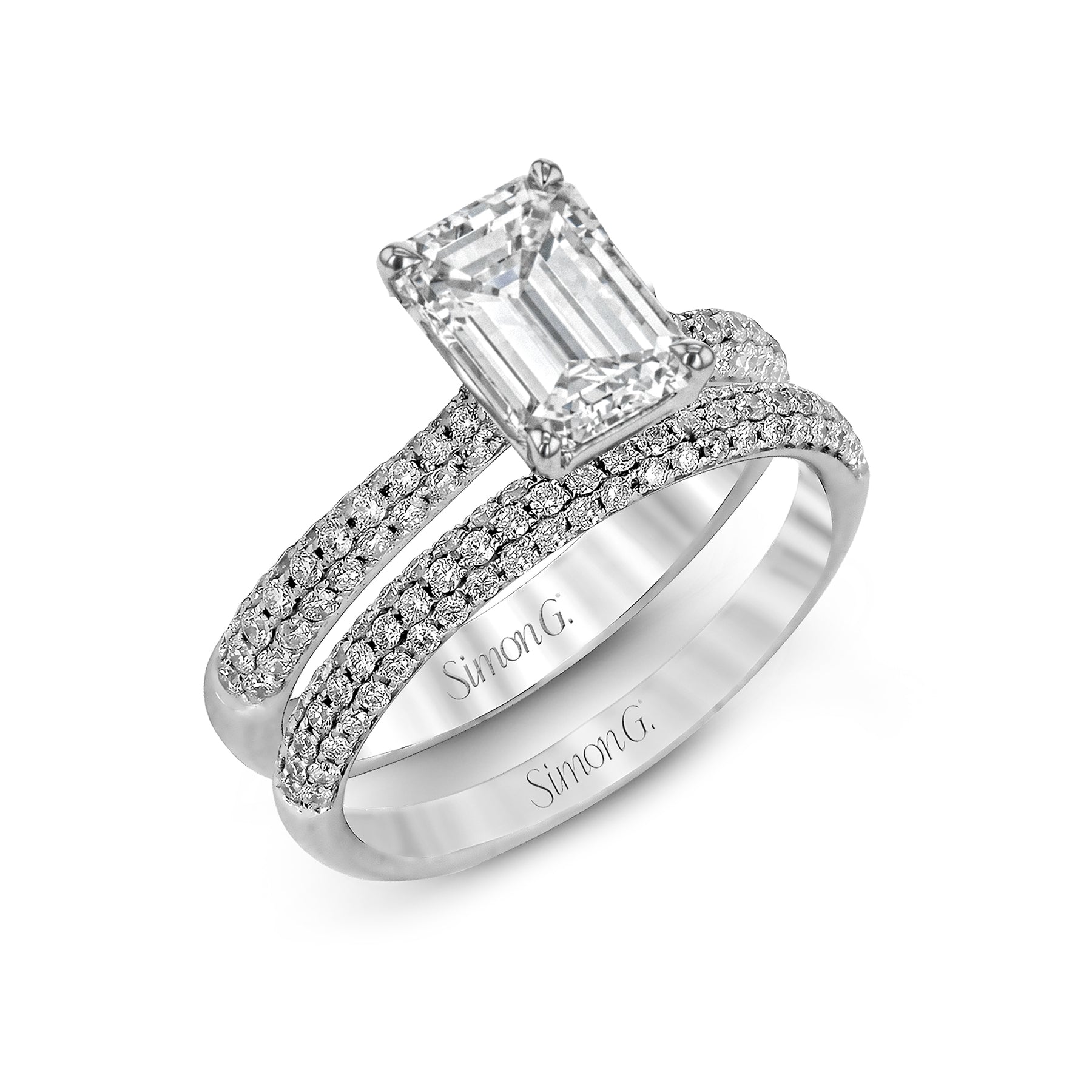 Emerald-cut Engagement Ring & Matching Wedding Band in 18k Gold with Diamonds TR431-EM