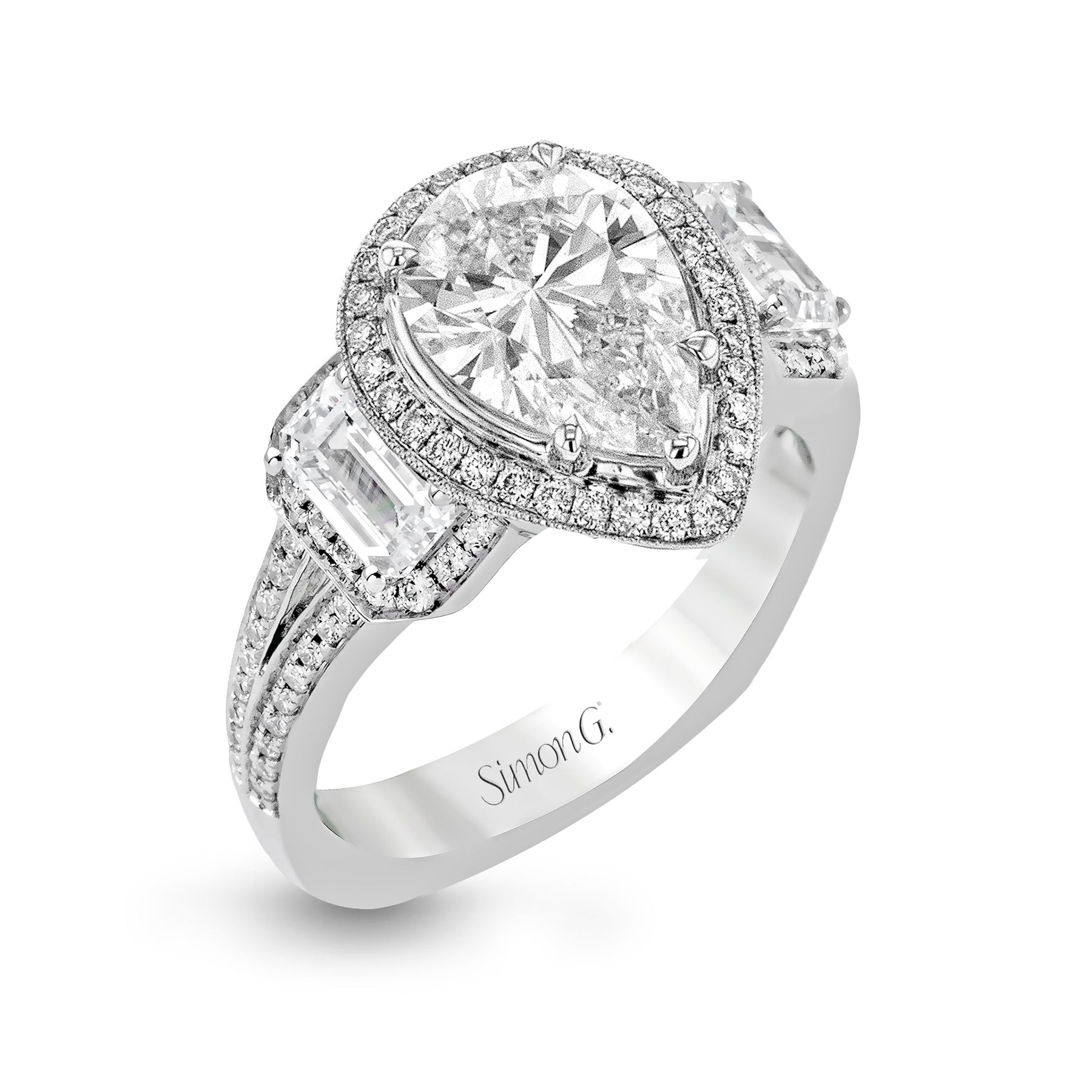 Pear-Cut Three-Stone Halo Engagement Ring In 18k Gold With Diamonds TR446-PR