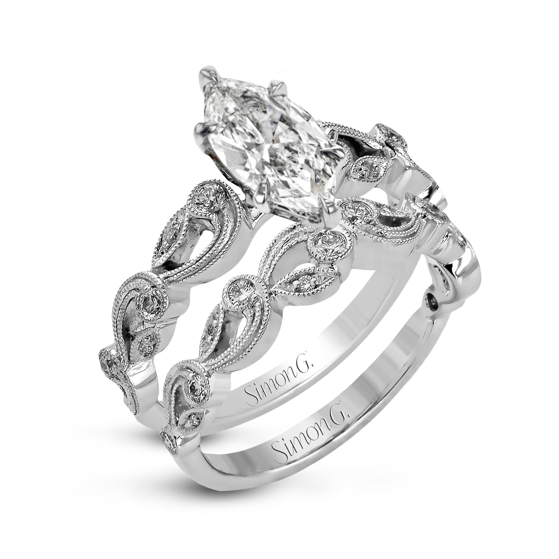 Marquise-cut Trellis Engagement Ring & Matching Wedding Band in 18k Gold with Diamonds TR473-MQ