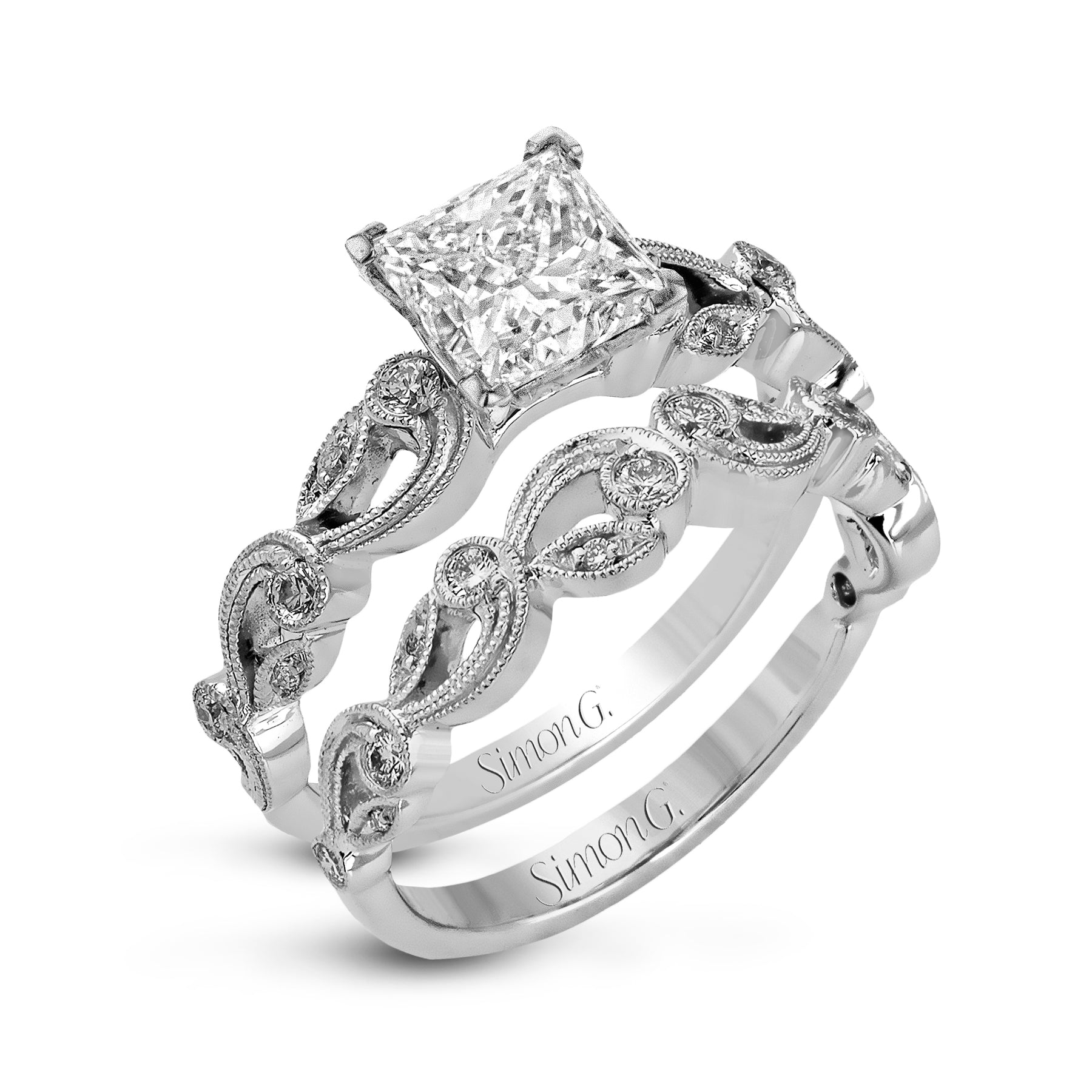 Princess-cut Trellis Engagement Ring & Matching Wedding Band in 18k Gold with Diamonds TR473-PC