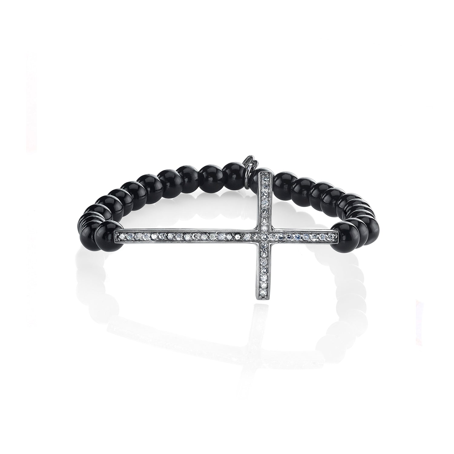 Black Onyx Bracelet with Diamond Cross - 6mm  B0001139 - TBird