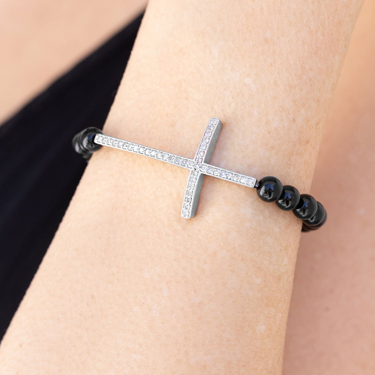 Black Onyx Bracelet with Diamond Cross - 6mm  B0001139 - TBird