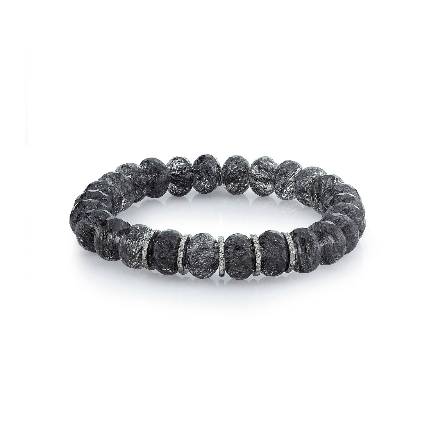 Black Tourmalinated Quartz Bead Bracelet with 5 Diamond Rondelles - 9mm