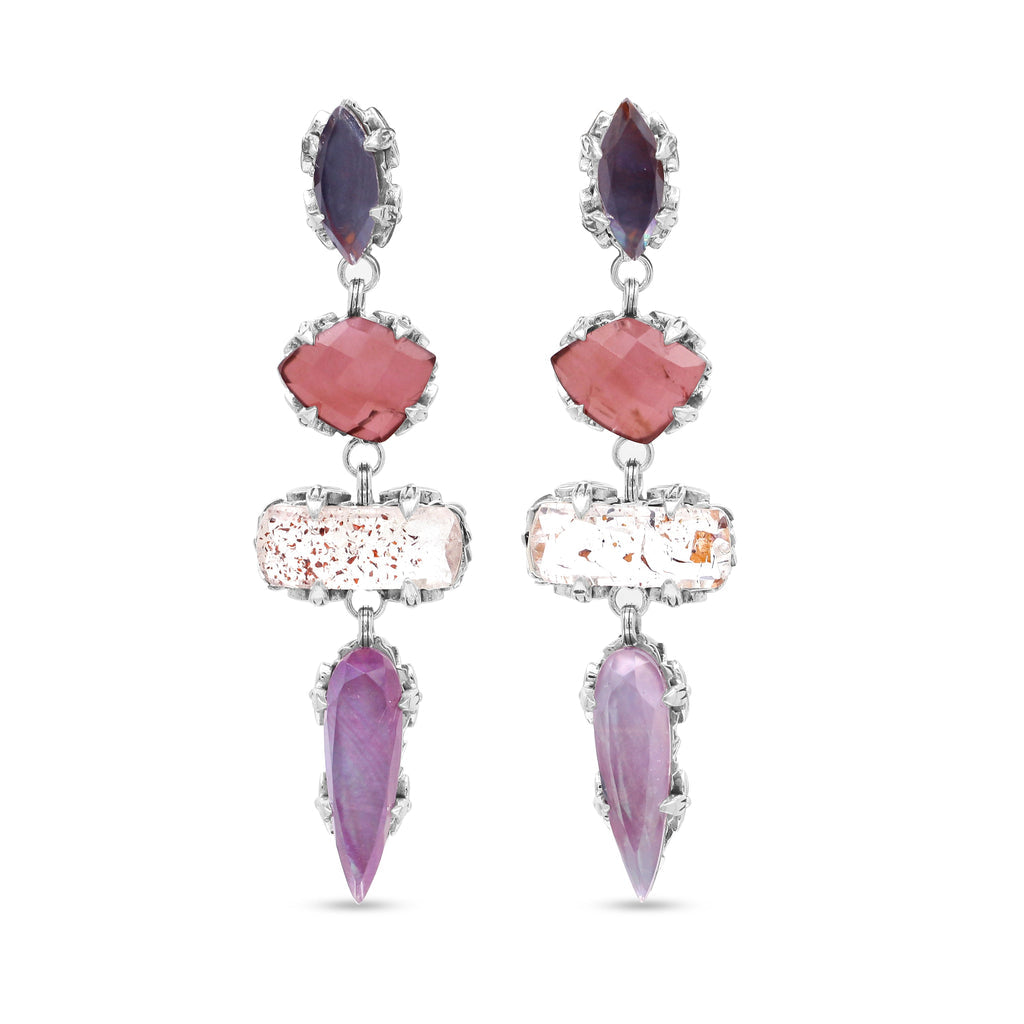 Garden Of Stephen Natural Quartz Mother Of Pearl Garnet Lepidocrocite And Ruby Dangle Earrings In Sterling Silver